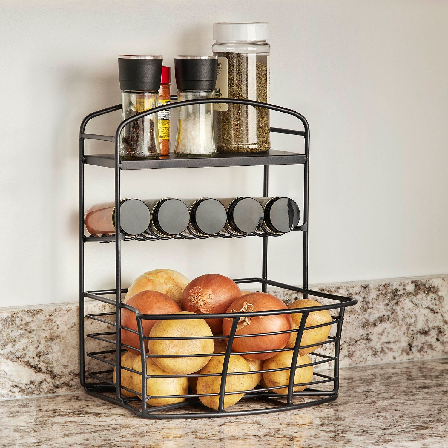 Countertop Storage Bin with Shelf & Jars